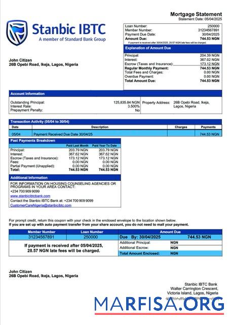 Downloadable Nigeria Stanbic IBTC Bank mortgage statement Word and PDF template